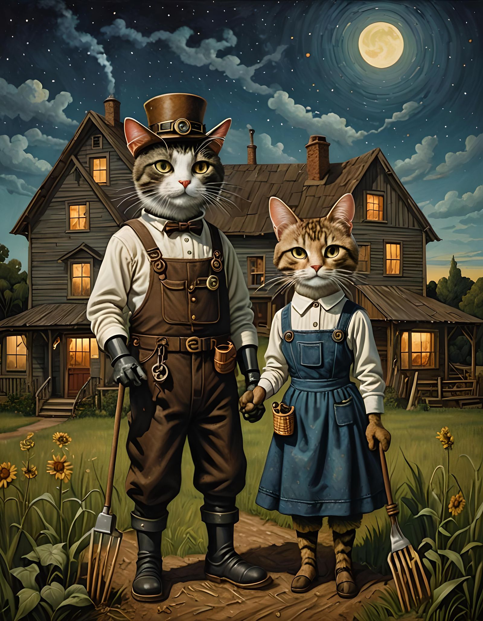 Steampunk Robot Cats in American Gothic Style