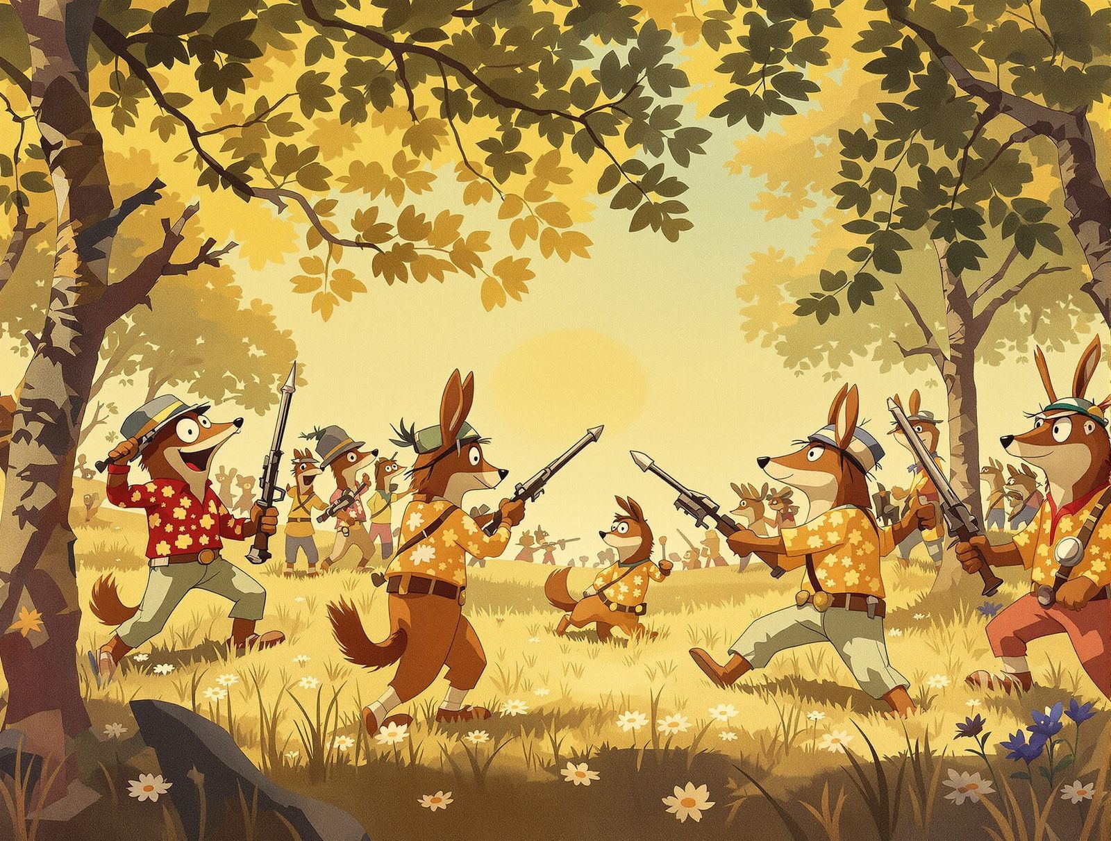 Woodland Creatures in 70s Style Mock Civil War