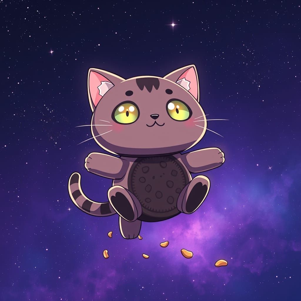 Oreo Cookie Cat Floating in Starry Nebula