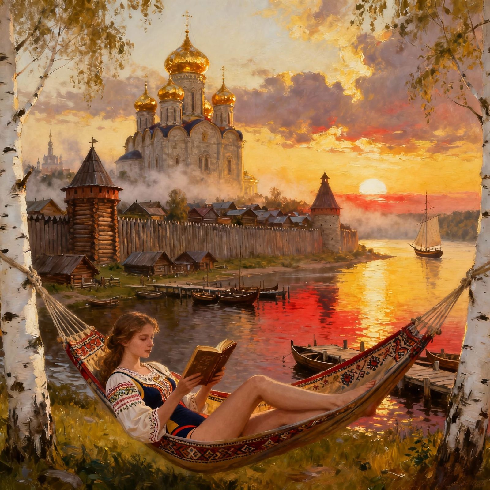 Young Woman Reading in Hammock, Russian City Sunrise