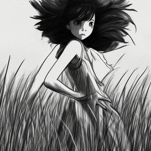 Woman in Grass: Anime-Style Pencil Sketch
