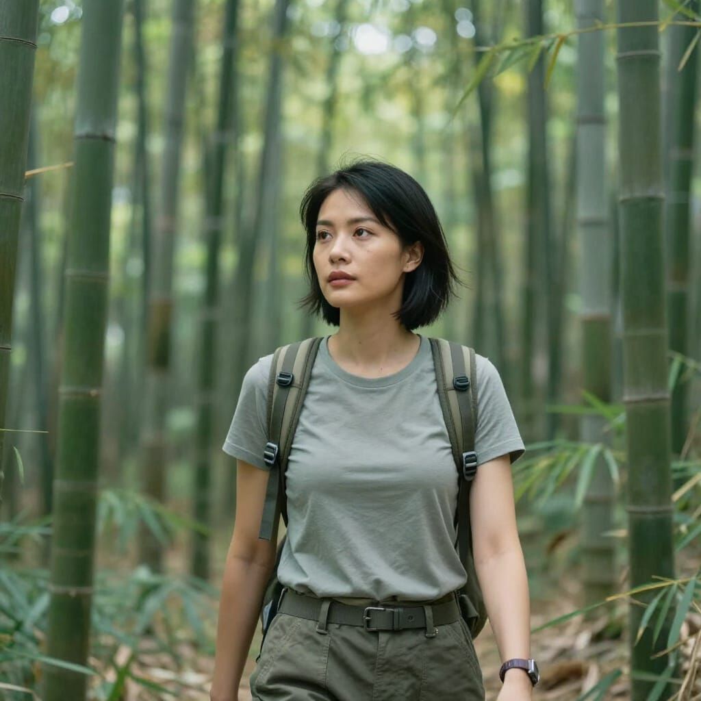Woman Walks Through Peaceful Bamboo Forest