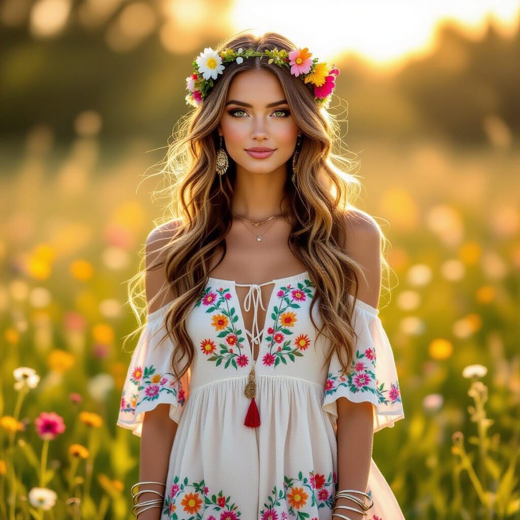 Boho Woman in Wildflower Meadow - Impressionistic Oil Painti...