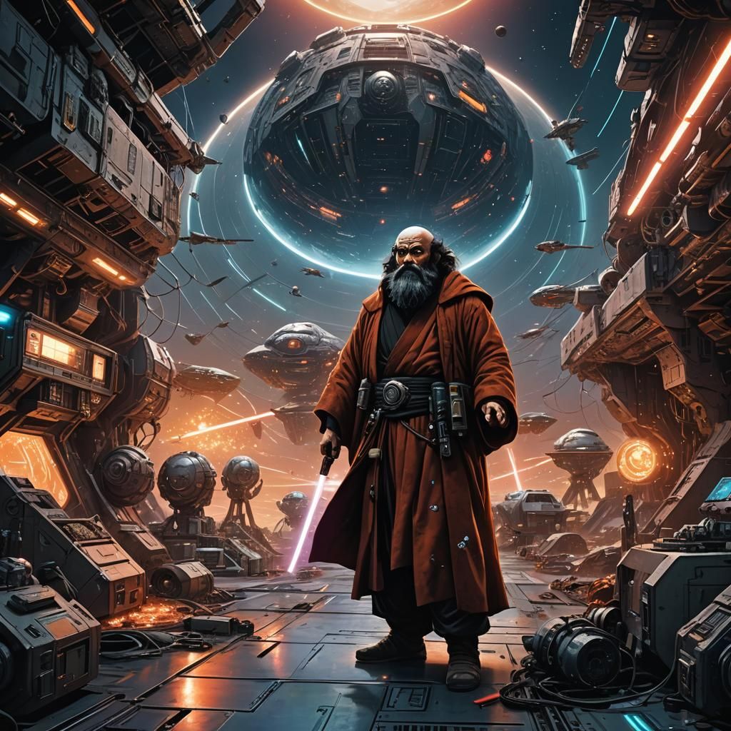 Bodhidharma with Lightsaber in Sci-Fi Spaceport