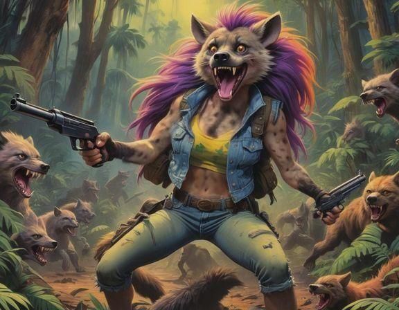 Psychedelic Hyena Rambo in Rainforest Cel-Shaded
