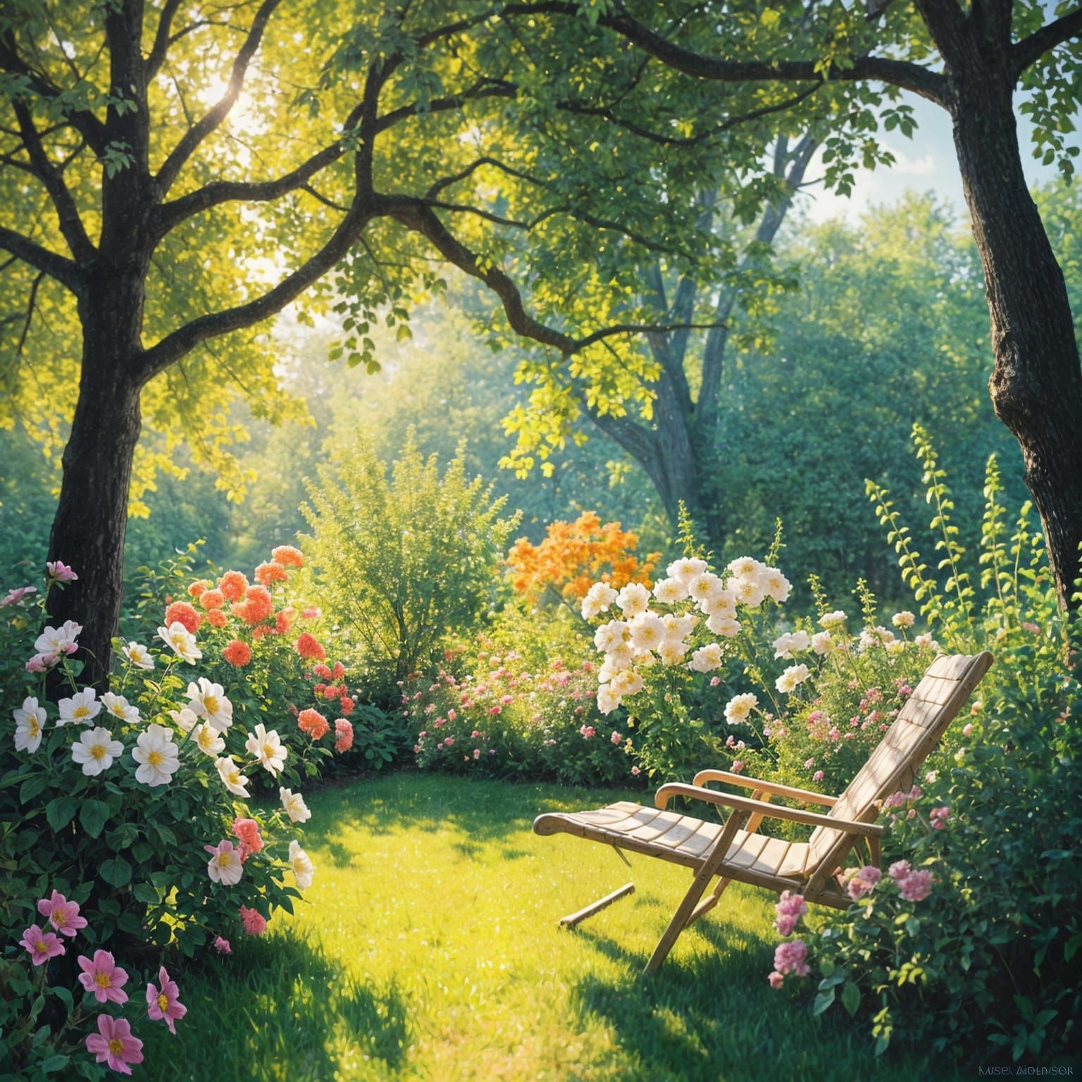 Impressionistic Garden in Bloom with Dappled Sunlight