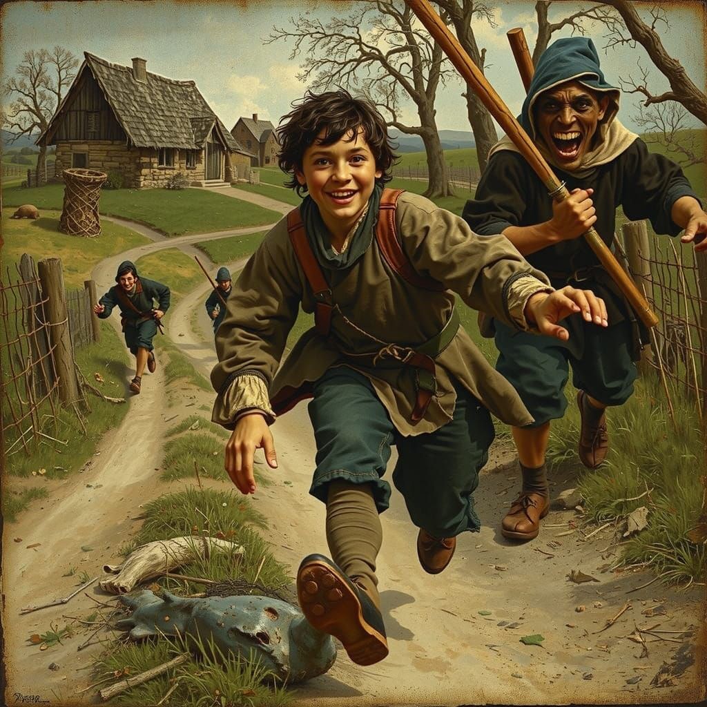 Medieval Mob Chase in a Bosch-like Style