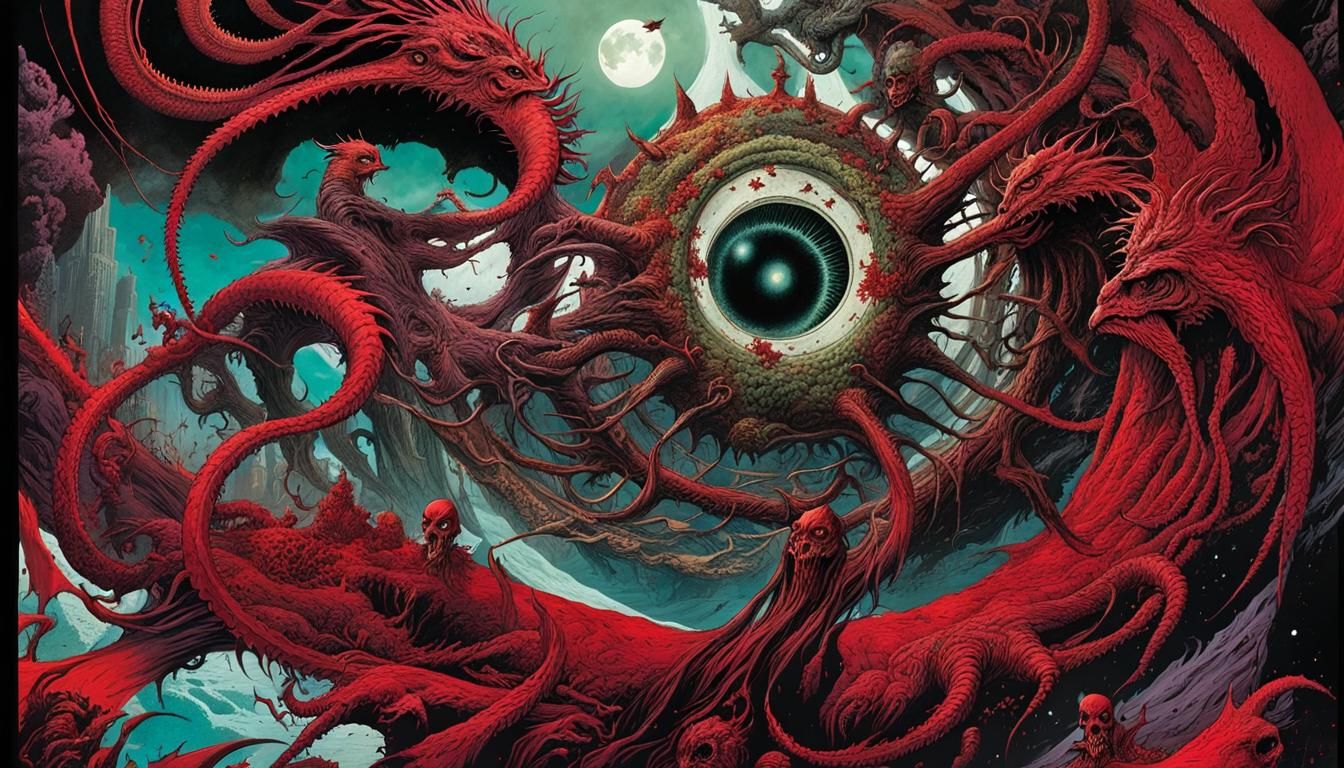 Cosmic Horror Bloodbath in Mixed Media Style