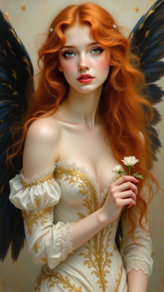 Rococo Angel Oil Painting with Red Hair and Lace Dress