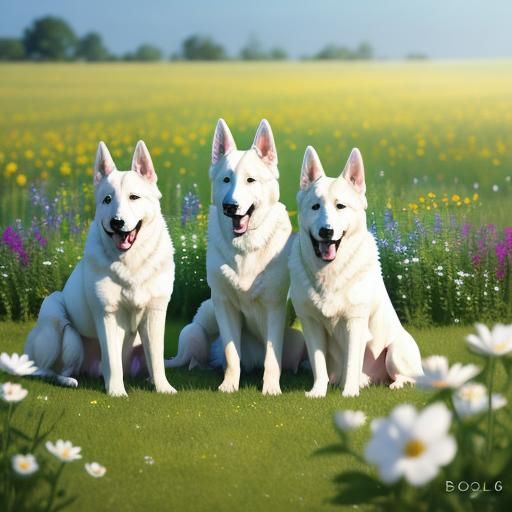 three white german shepherd dogs in a field with flowers
