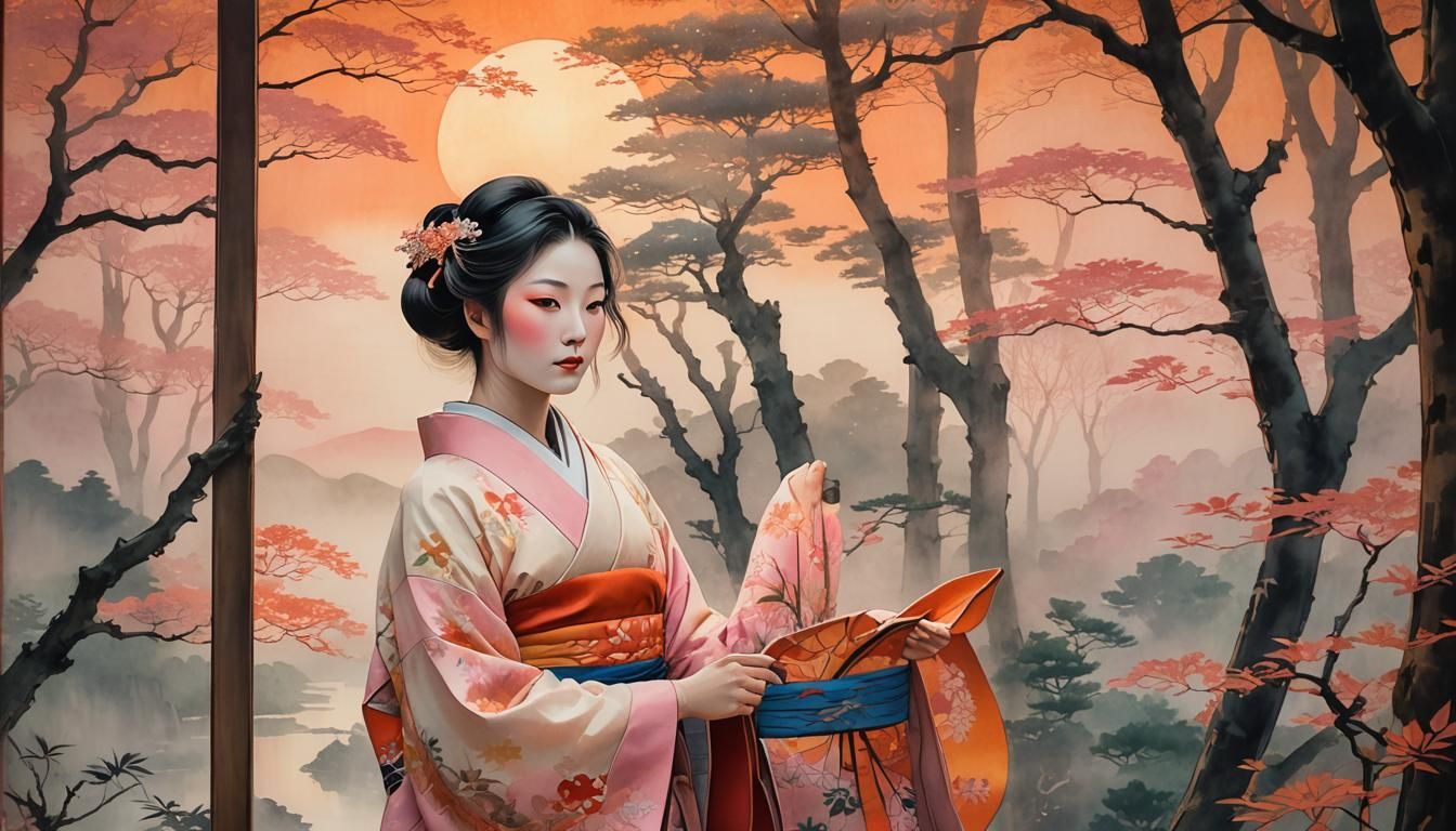 Girl in Kimono: Dreamy Ukiyo-e Japanese Landscape