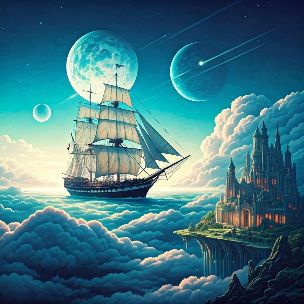 Majestic Tall Ship Sails Through Cloud Sea Under Two Moons