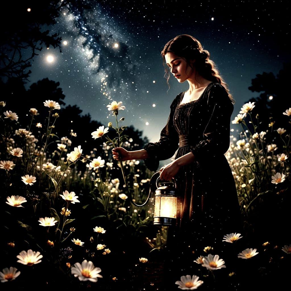 Woman Tending to Luminous Flowers Under Starry Sky
