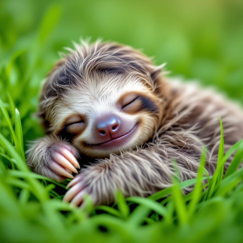 Adorable Baby Sloth Sleeping in Lush Green Grass