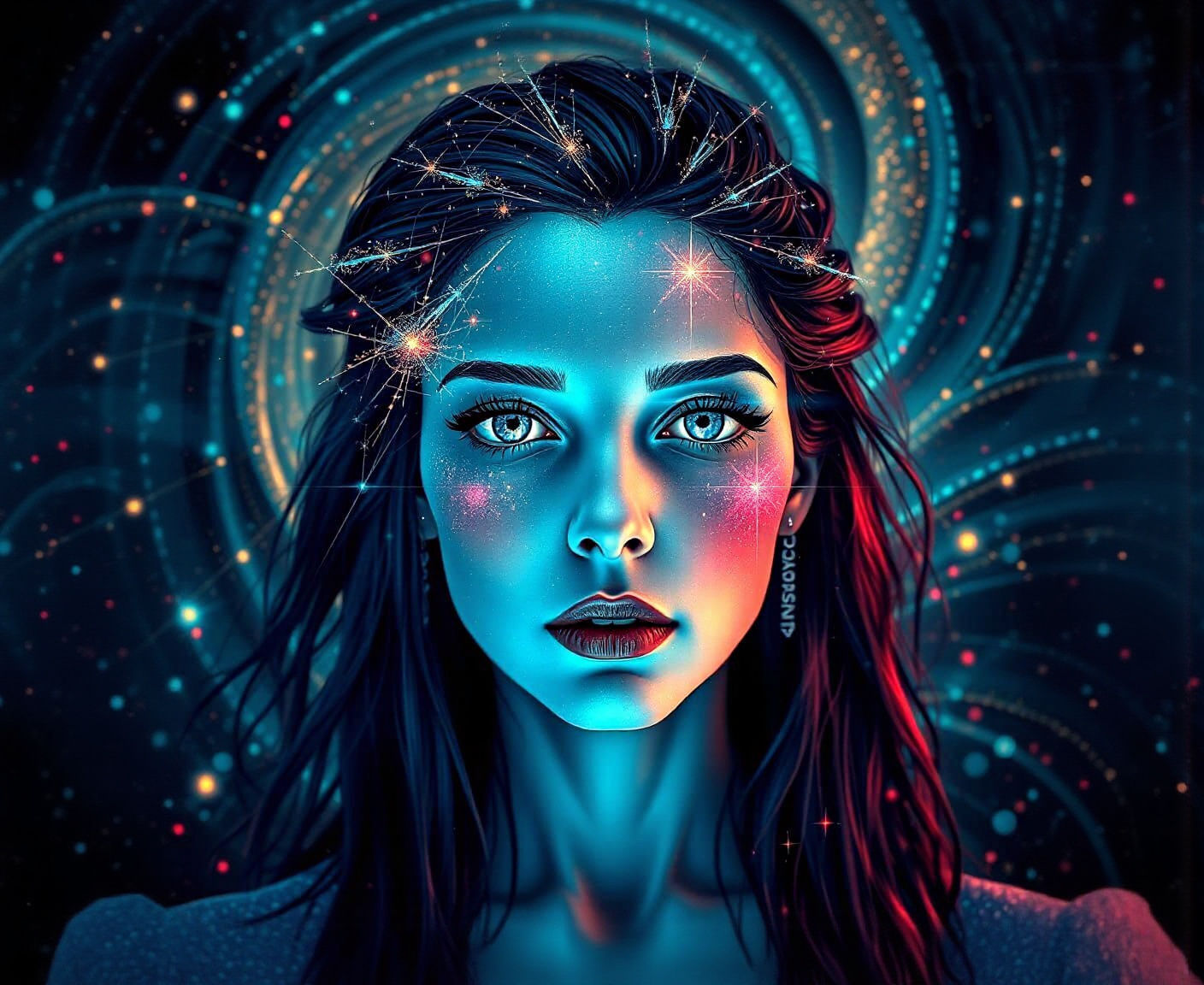 Bioluminescent Woman Portrait in Glitch Art Style