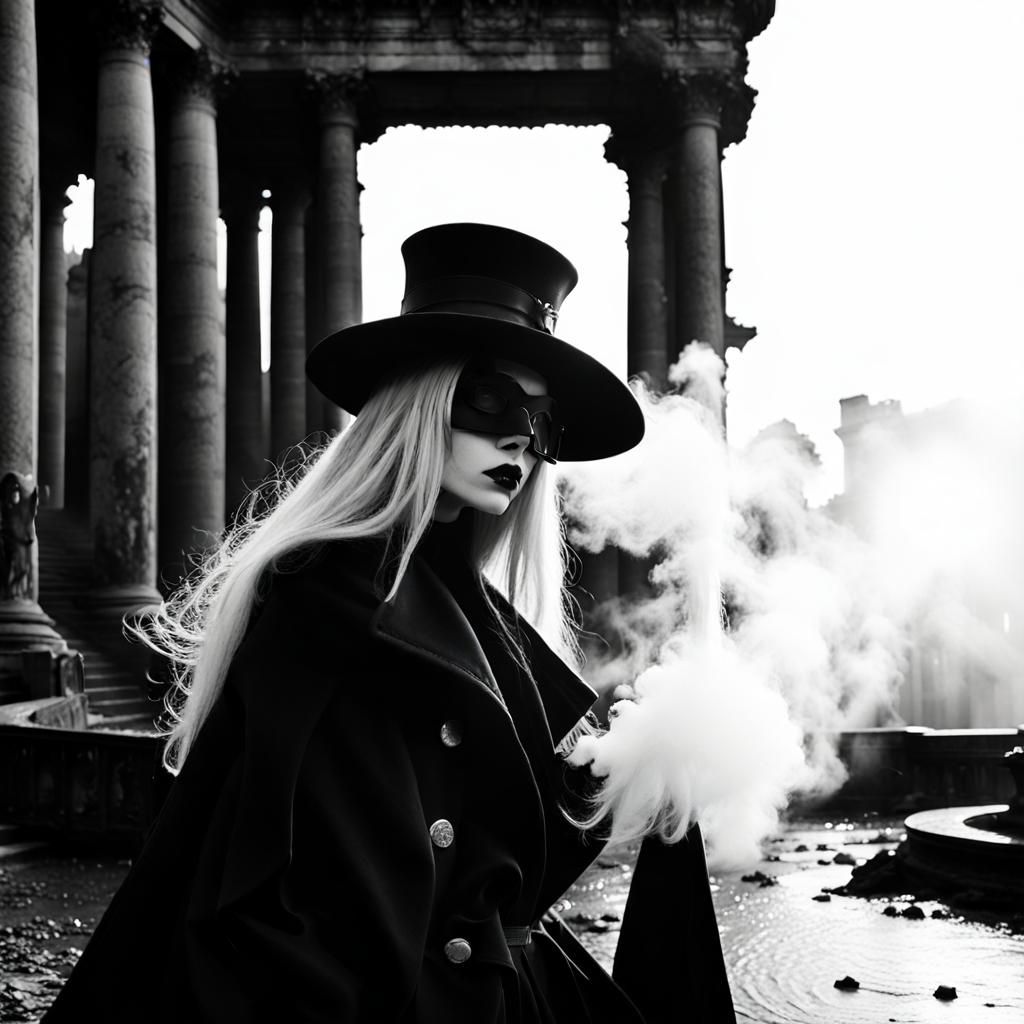 Gothic Model in Roman Ruins: Black and White Photography