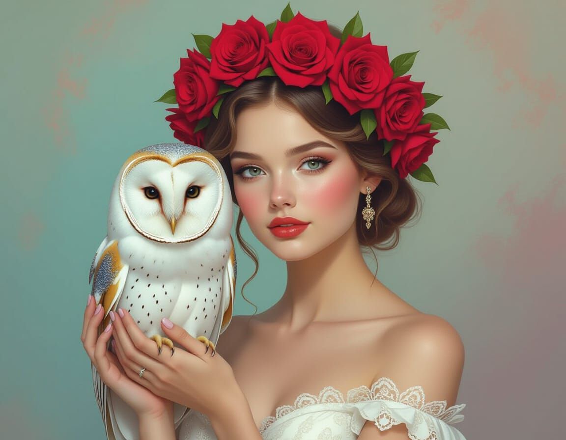 Woman with Owl and Roses in Digital Painting Style