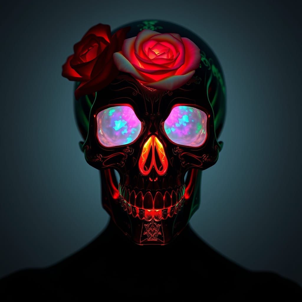 Glowing Emerald Opal Skull with Withered Rose and Black Tar