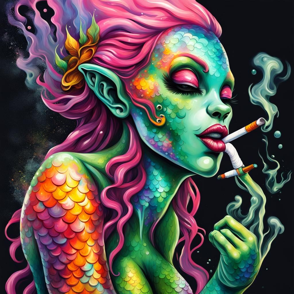 Alien Mermaid Smoking: Graffiti Style Art