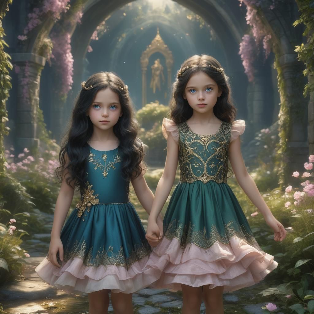 Two Little Girls with Sapphire Eyes, Fantasy Art