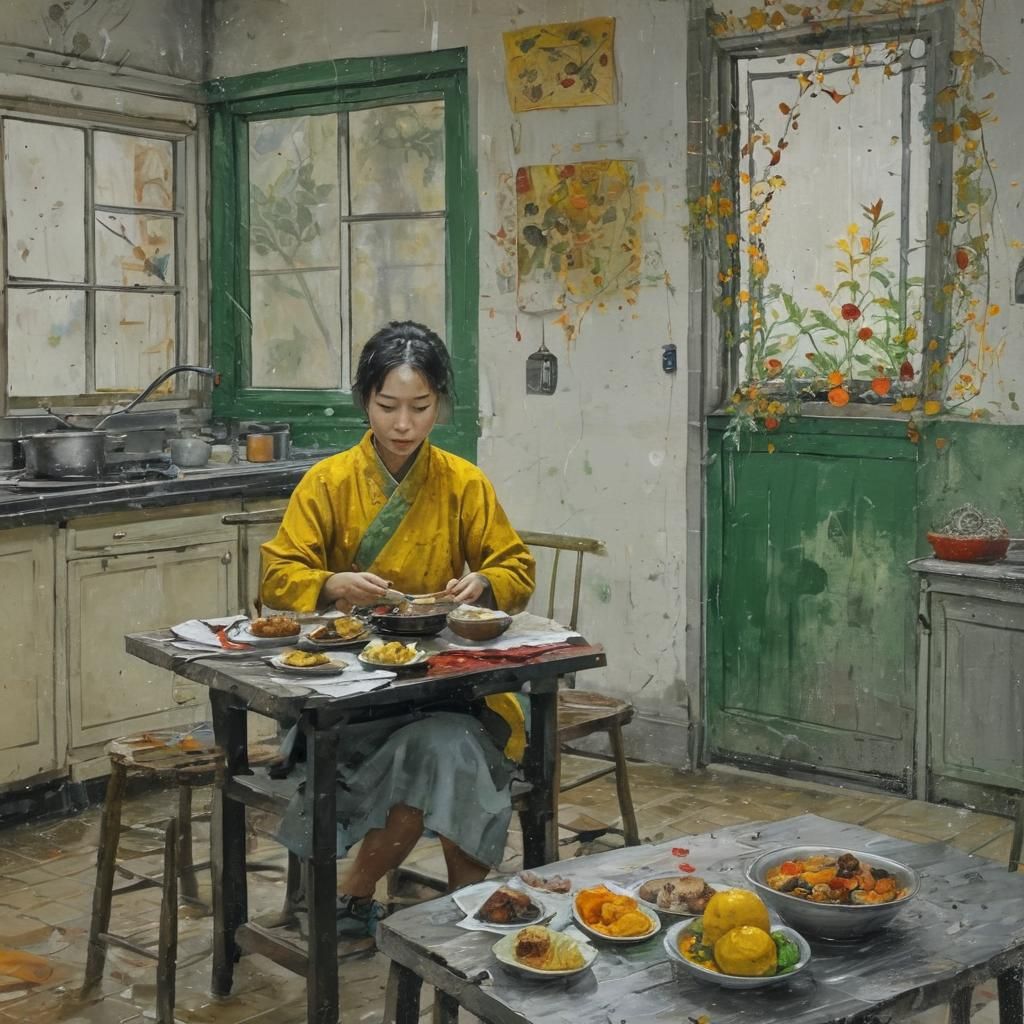 Cozy Evening at home, in the kitchen. A Korian girl eating a...