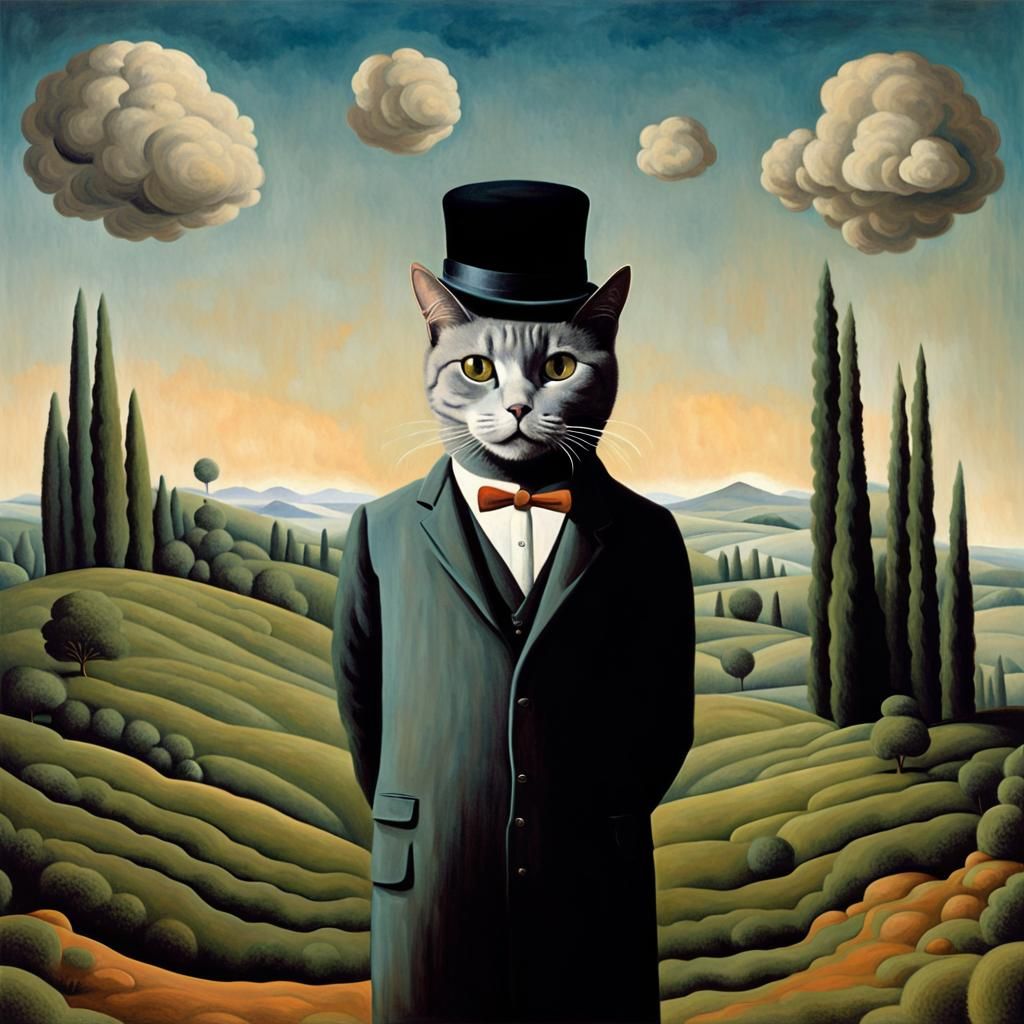 Magritte's Surreal Cat Wears Bowler Hat
