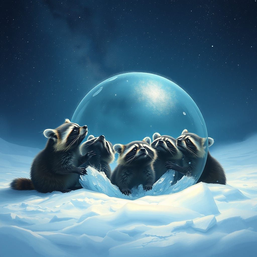 Raccoons Marvel at Celestial Wonder in Frosty Glacial Scene