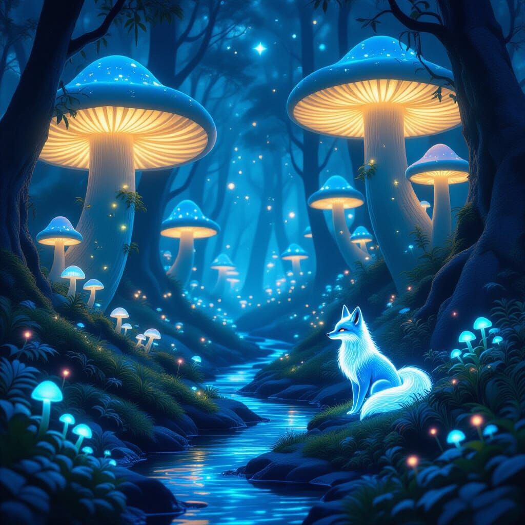 Mystical Bioluminescent Forest Grove With Starlight Fox