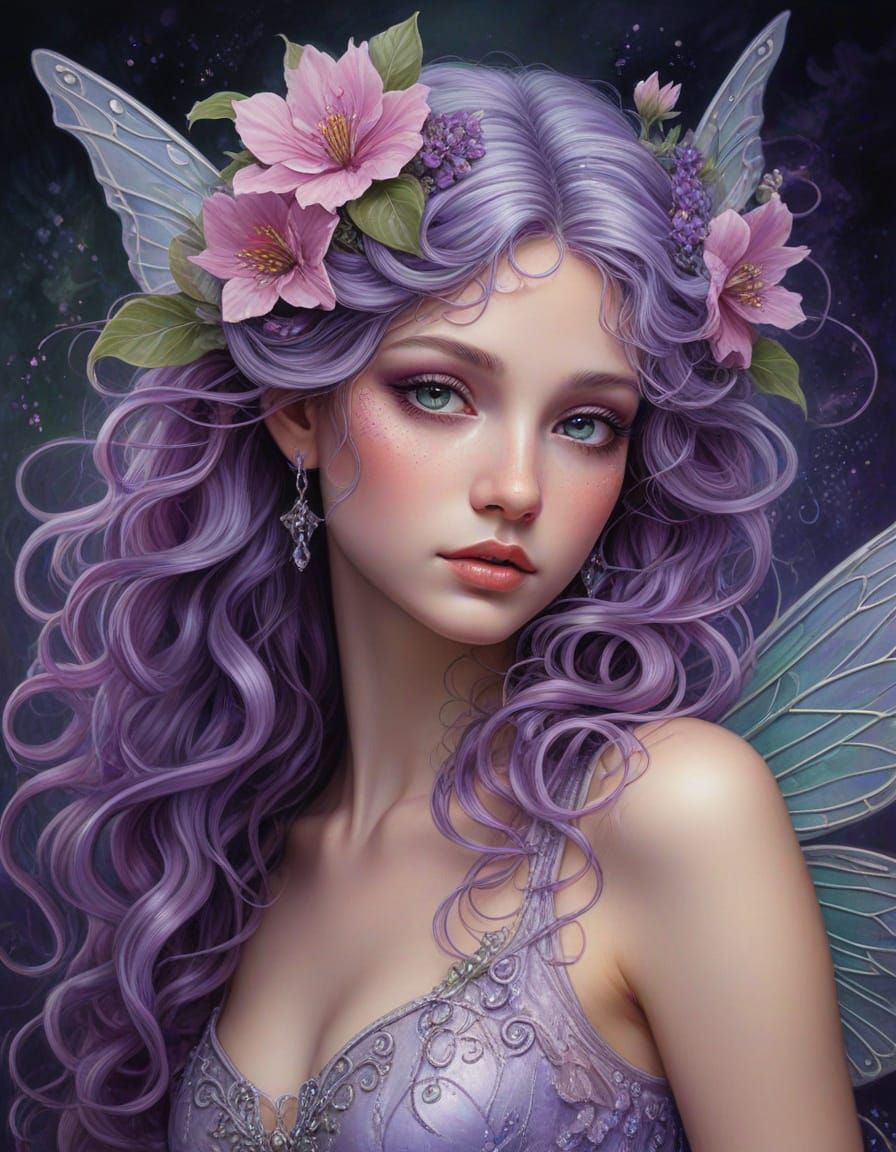 Fantasy Fairy Portrait with Violet Curls