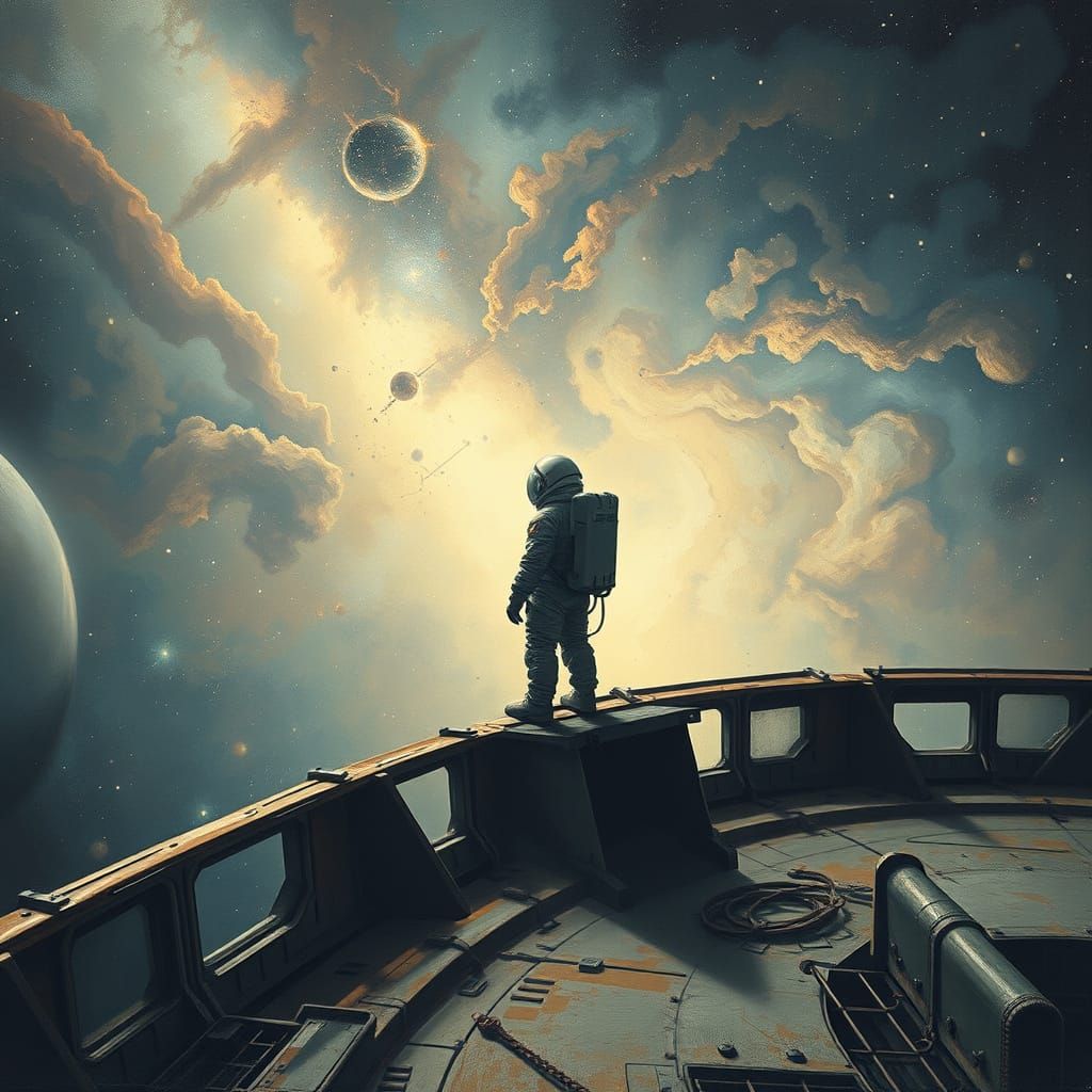Astronaut Gazes at Nebula in Surreal Impasto Style