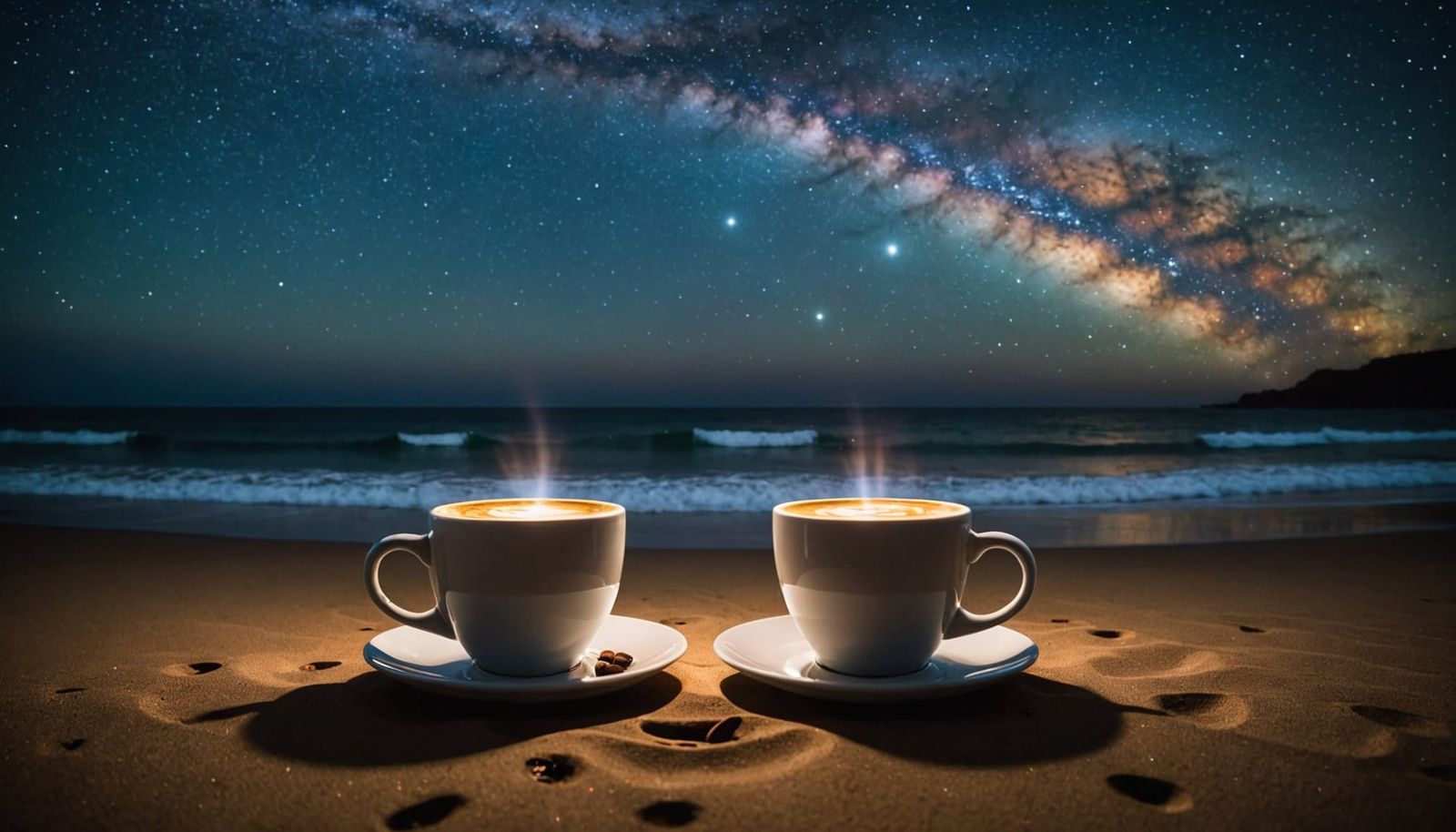 Two Glowing Coffee Cups on Beach Under Milky Way