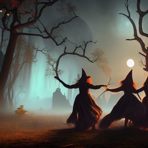 Witches casting a circle in the moonlight and conjuring a gancanagh