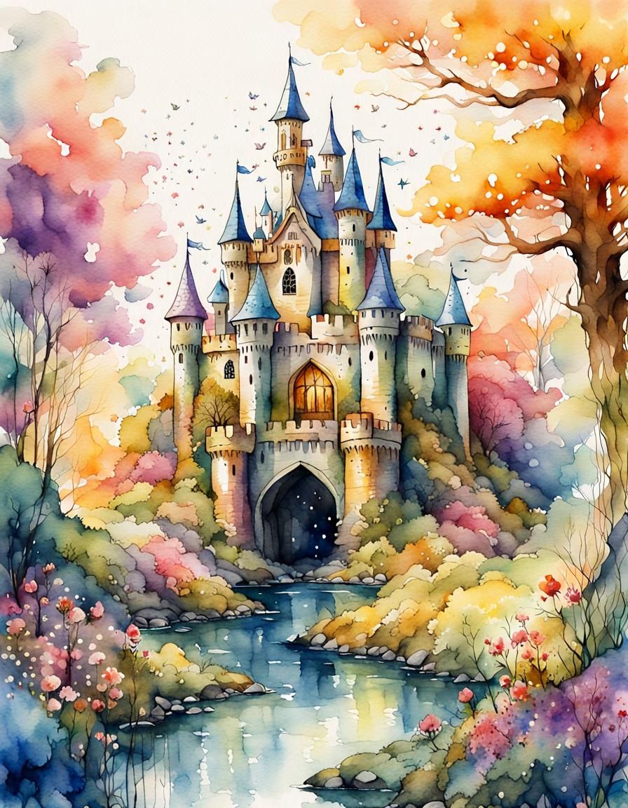 Adorable Fairytale Castle Watercolor Illustration in Golden ...