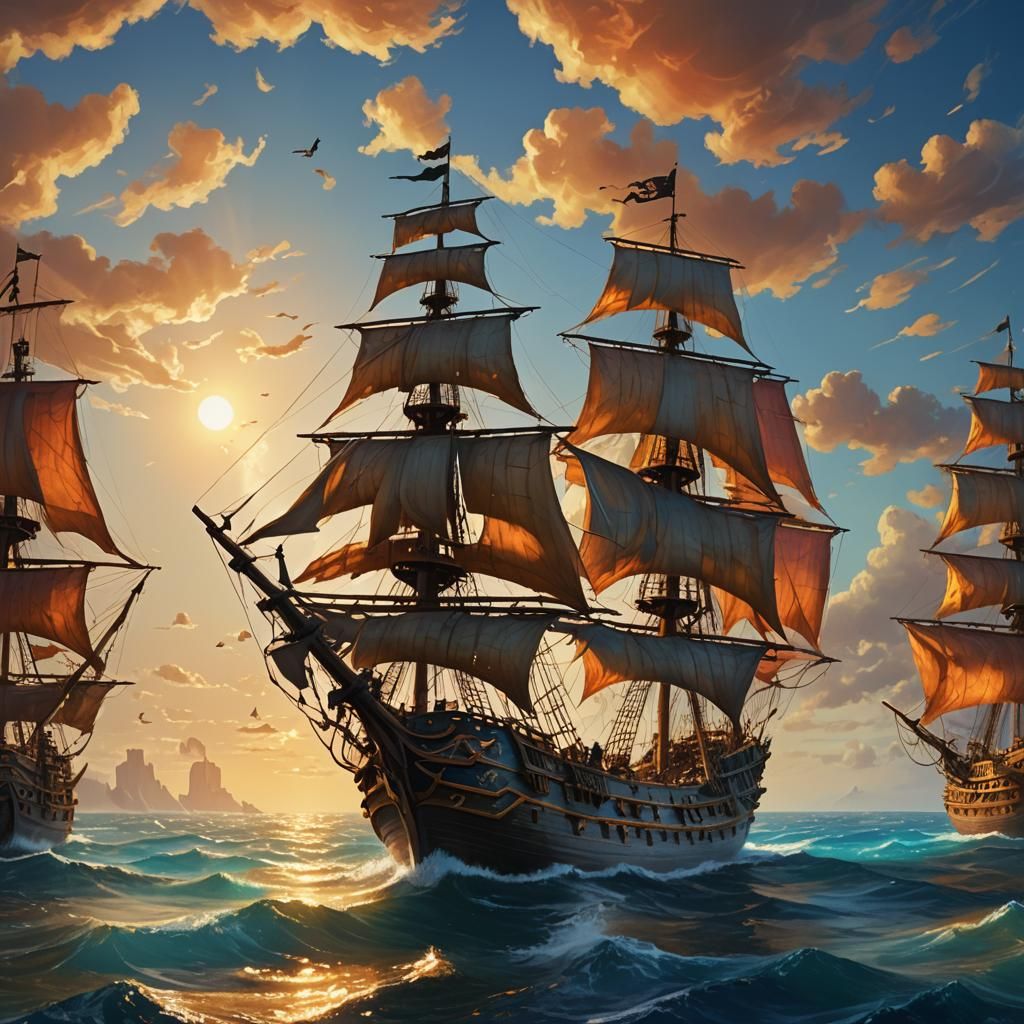Pirate Ship at Sunset: Vibrant Oil Painting