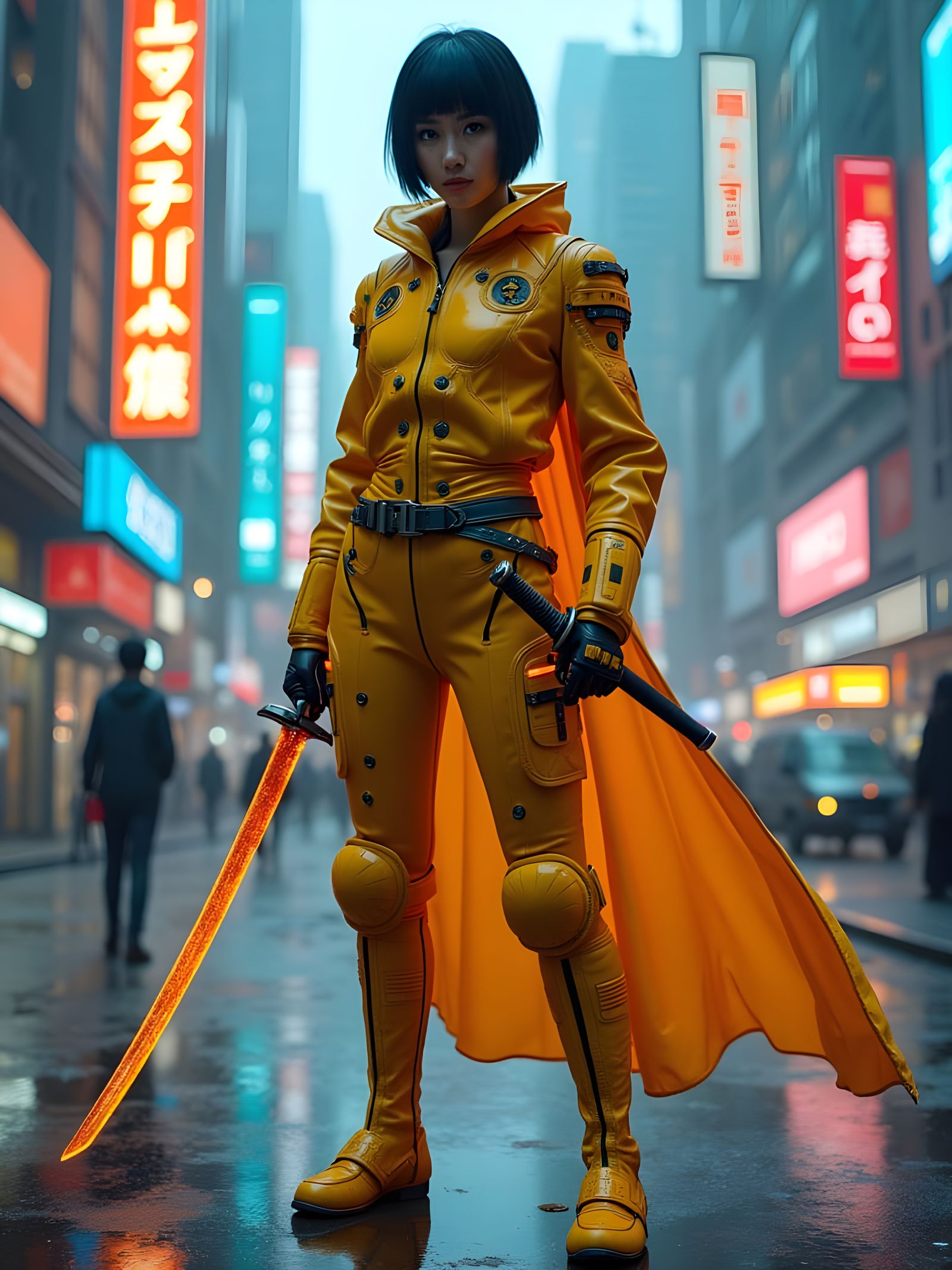 Cyberpunk Warrior in Reimagined Yellow Samurai Armor