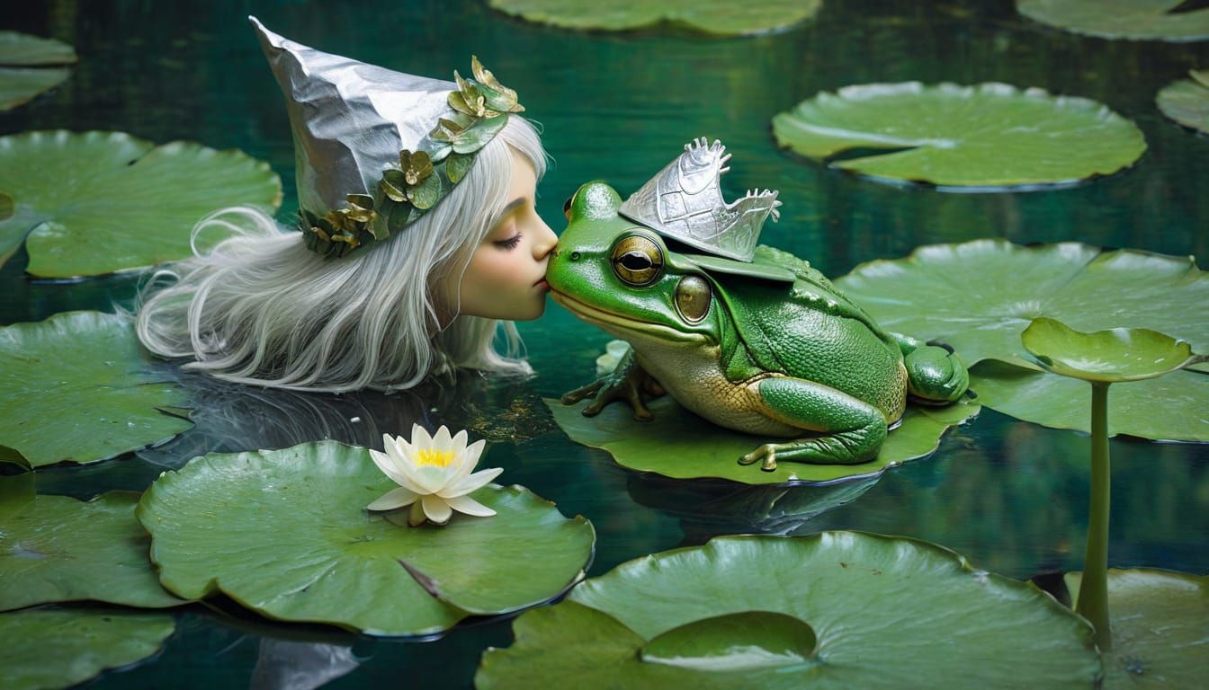 Enchanting Fairy Kisses a Frog in a Whimsical Waterlily Scen...