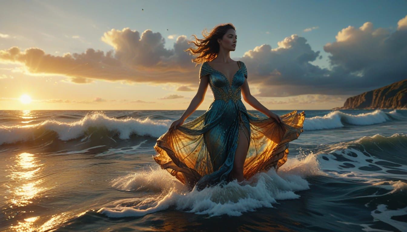 Majestic Ocean Goddess in Golden Hour Lighting
