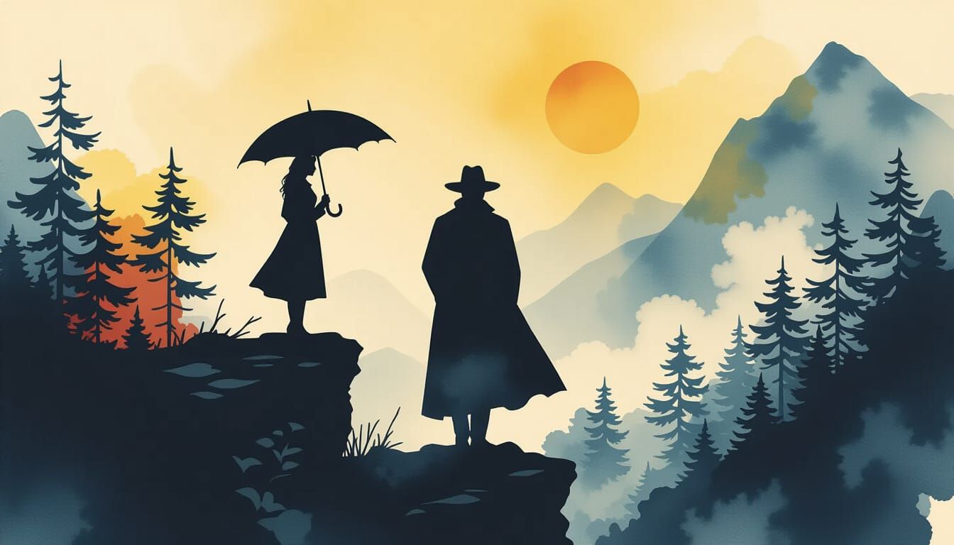 Serene Silhouette on Cliff in Watercolor Ink Style