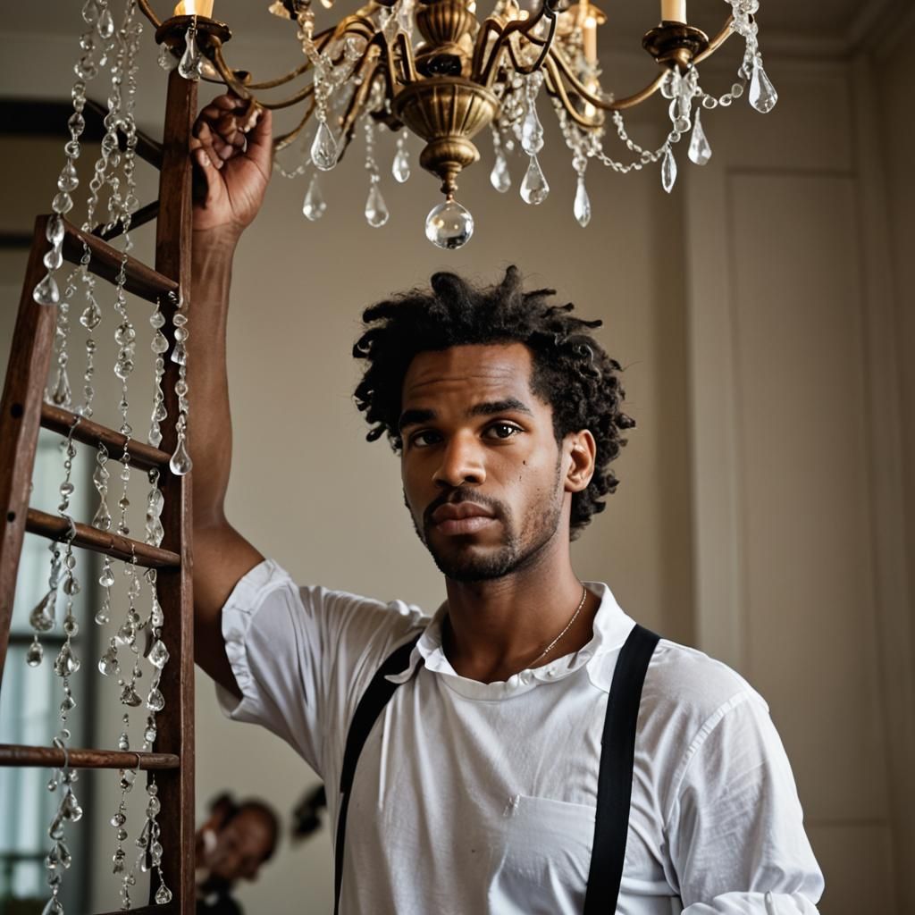 Crossdressing Young Man Dusting Chandelier in Portrait Photo...
