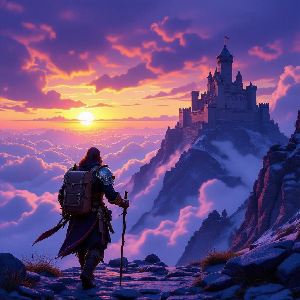 Merchant's Journey to Mountain Fortress in Art Nouveau Style