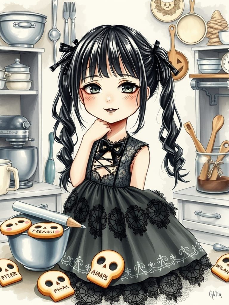 Gothic Girl Baking Spooky Cookies in Anime Style