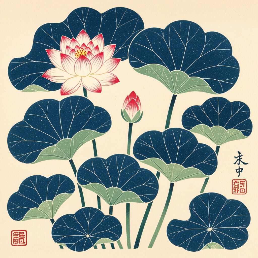 Vintage Lotus: Japanese Stencil Design in Minhwa Style