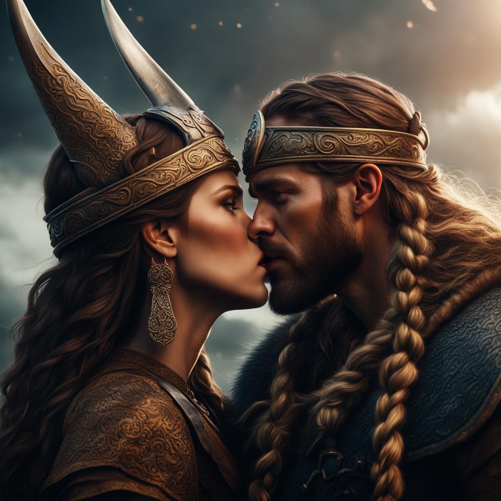 Viking Couple's Kiss: Detailed Matte Painting