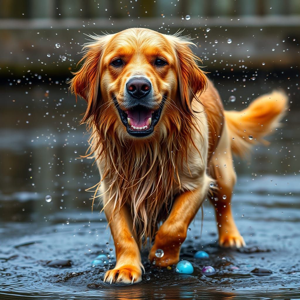 Iridescent Splatter: Golden Retriever Shakes off Water