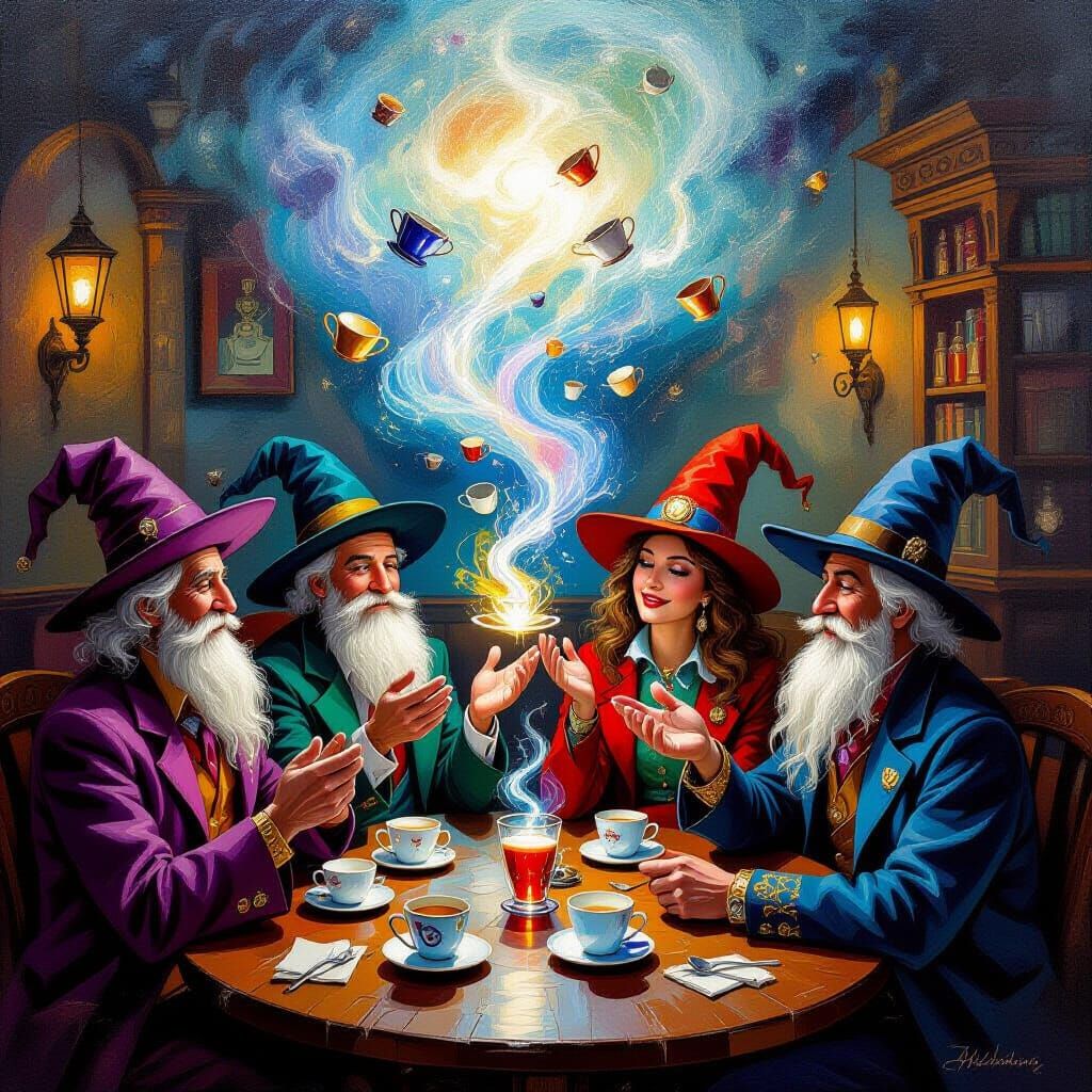 Mystical Magicians in Flying Cup Cafe Oil Painting