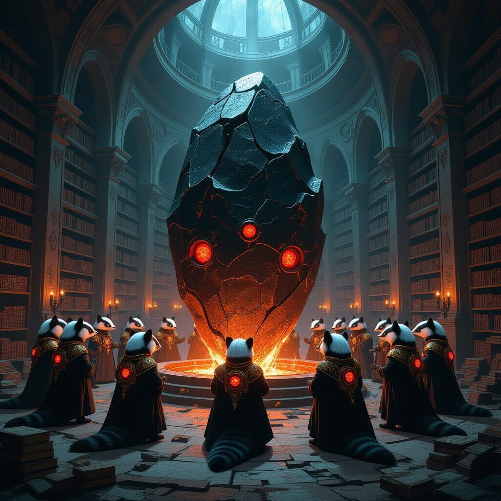 Humanoid Badgers Guard Obsidian Artifact in Dark Fantasy Art
