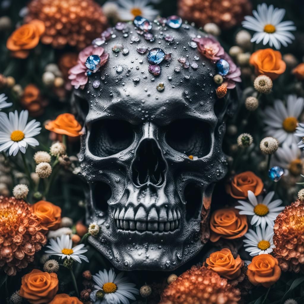 Dew-Kissed Skull Surrounded by Flowers: Photography