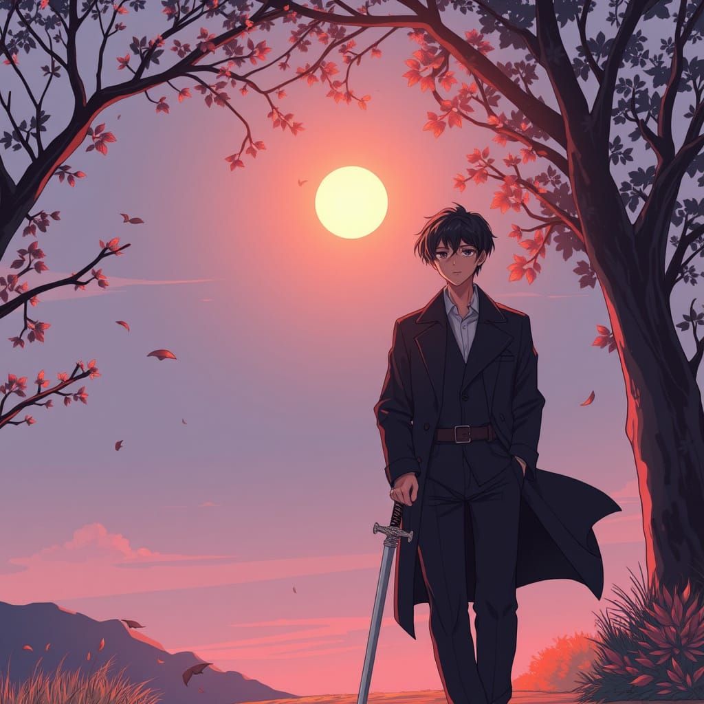 Young Warrior Walks in Twilight, Anime-Style