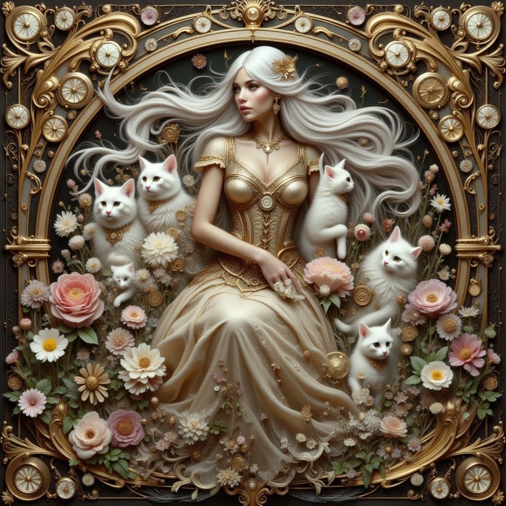 Steampunk Woman Surrounded by Cats and Flowers