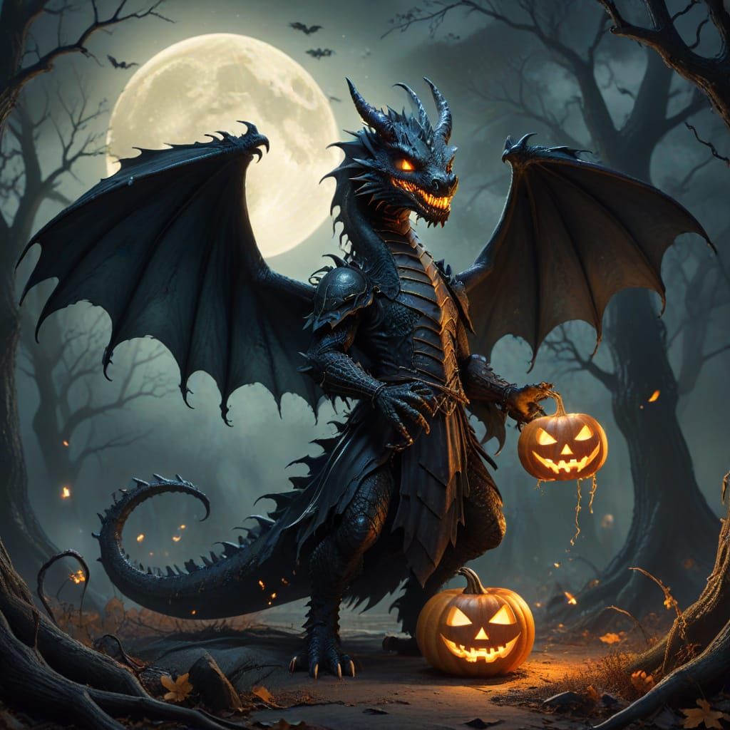 Friendly Black Dragon in Witch Costume with Jack-o'-lantern